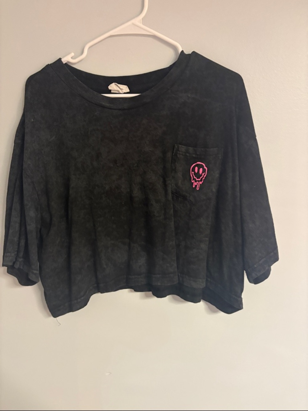 Black Cropped Pocket Tee with Pink Drip Smiley